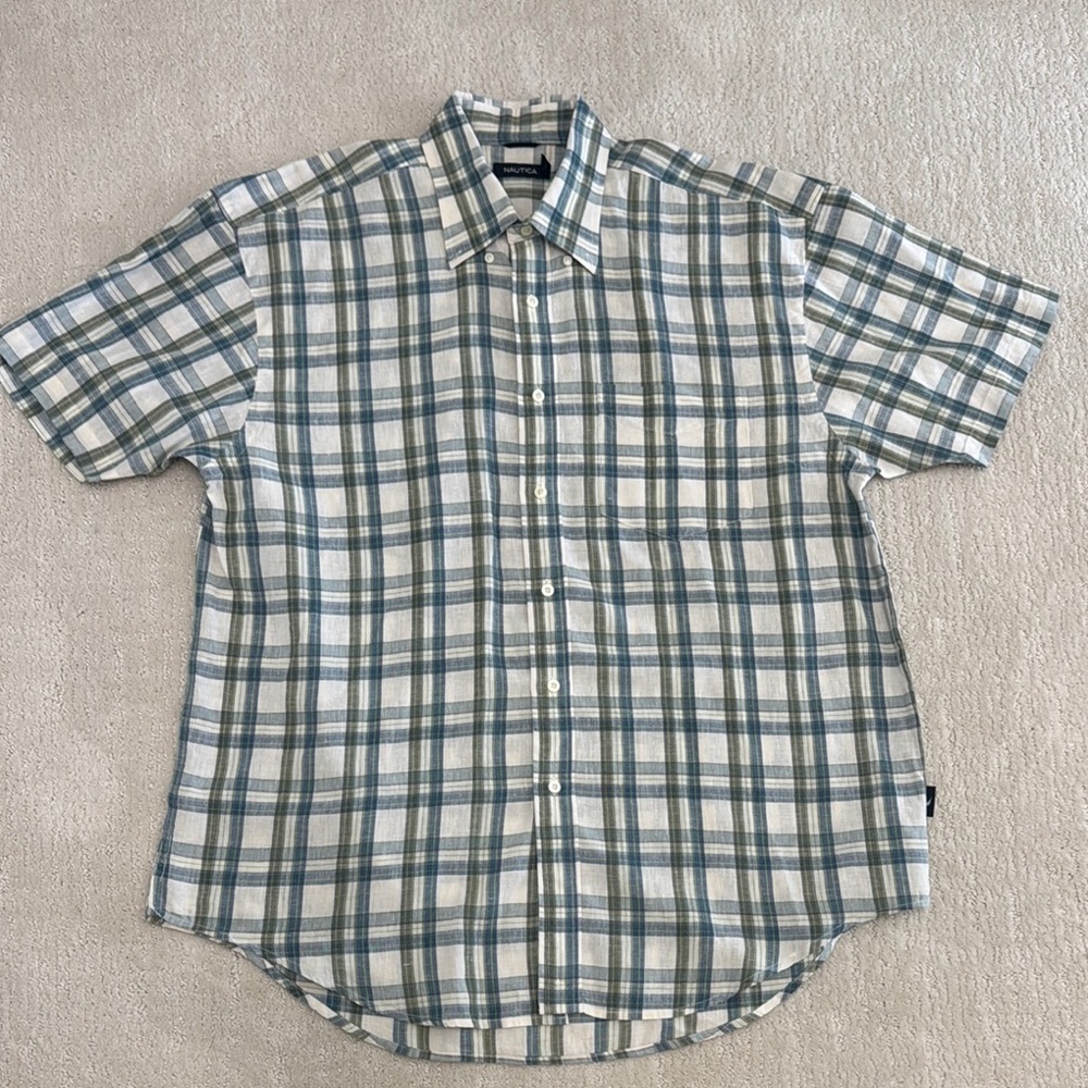 Nautical Men’s XL Short Sleeve 55% Linen Button Down Green & Blue Plaid Office